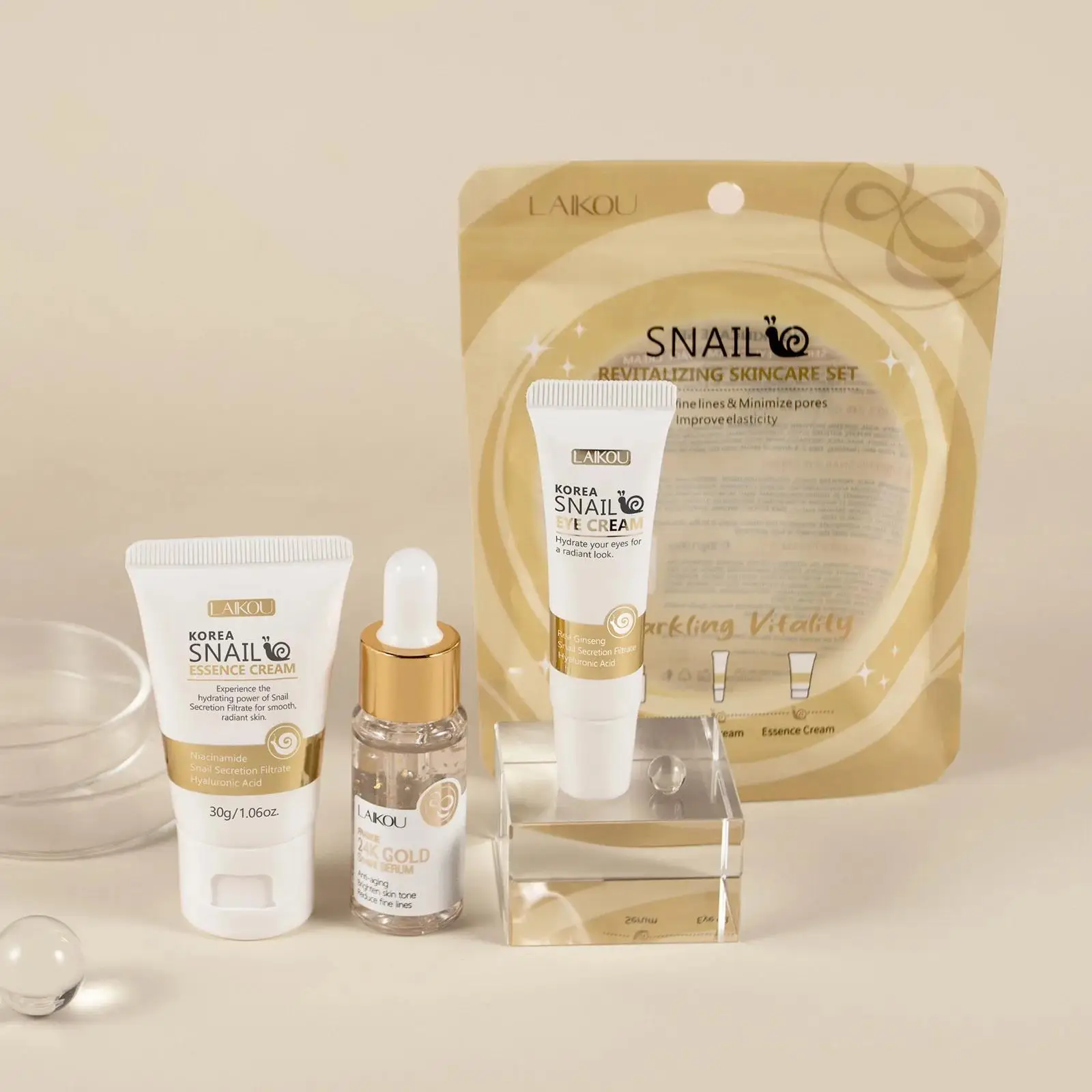 Luxury Skincare Essence - เซรั่มบำรุงผิวหน้าและรอบดวงตาสูตรทองคำ 24K ผสมสารสกัดจากหอยทาก ช่วยเติมความชุ่มชื้น ลดเลือนริ้วรอย กระชับรูขุมขน